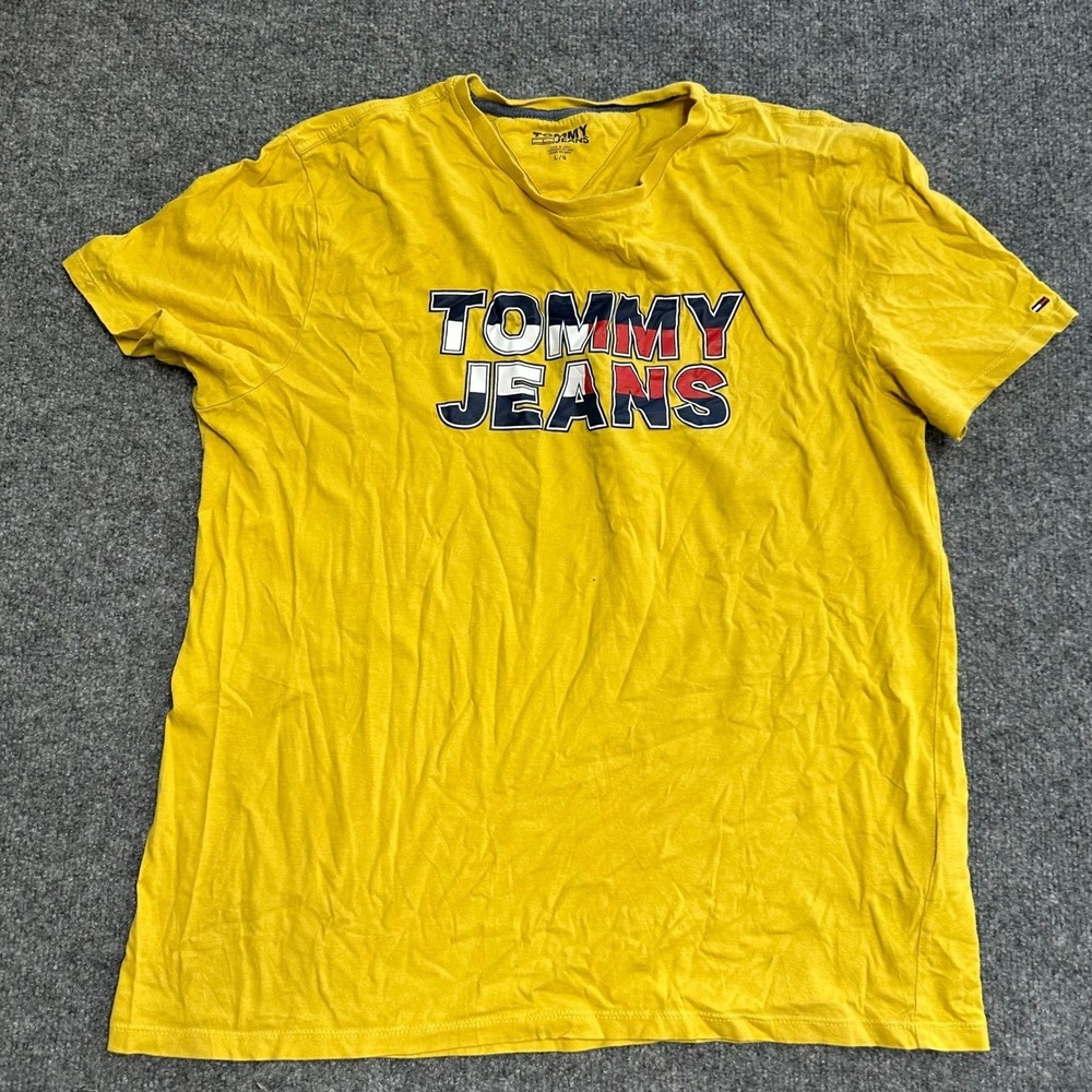 Tommy Jeans T-Shirt Mens Size L Yellow Graphic Logo Short Sleeve Cotton Casual